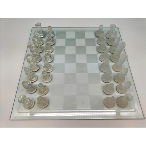 205 - Glass Chess Set and Board (35cm x 35cm). Tallest Piece 7.5cm.