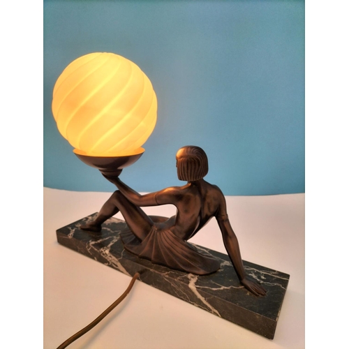 212 - Art Deco Style Flapper Girl Holding Lamp on Marble Base. W/O 33cm High 38cm x 10cm.