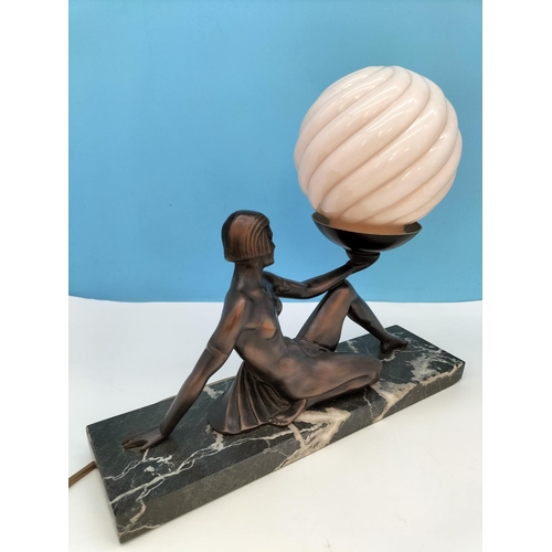 212 - Art Deco Style Flapper Girl Holding Lamp on Marble Base. W/O 33cm High 38cm x 10cm.