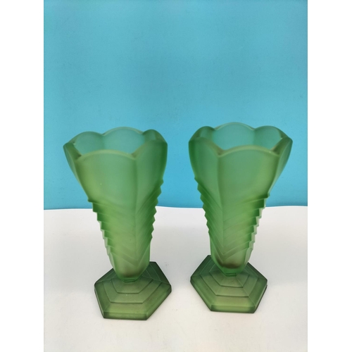 249 - Pair of 1930's Art Deco Frosted Green Glass Vases. 16cm Tall.