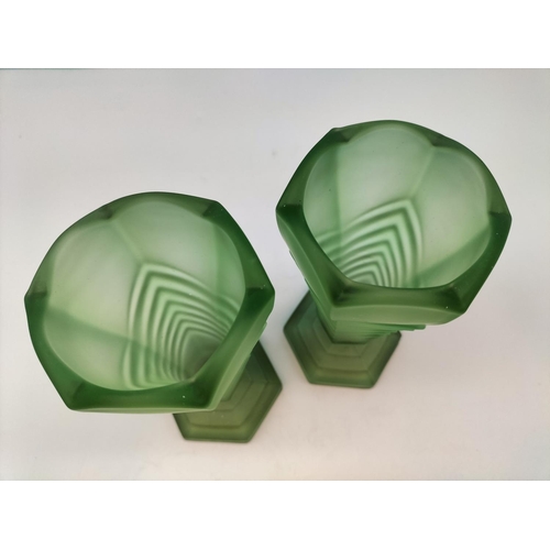 249 - Pair of 1930's Art Deco Frosted Green Glass Vases. 16cm Tall.