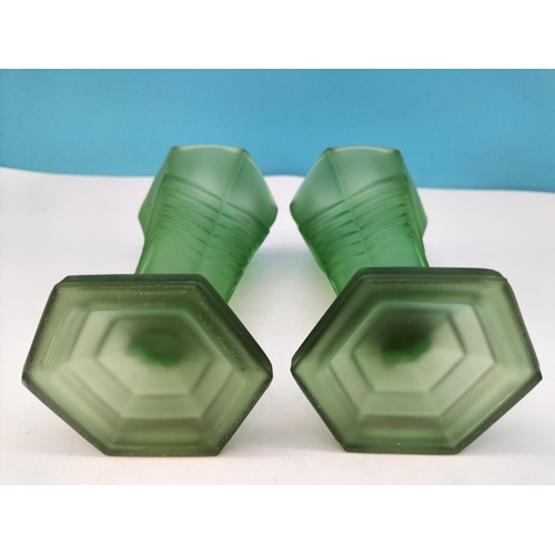 249 - Pair of 1930's Art Deco Frosted Green Glass Vases. 16cm Tall.