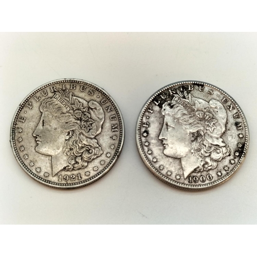 291 - Silver Morgan Dollars (2) 1900 and 1921. Tested.