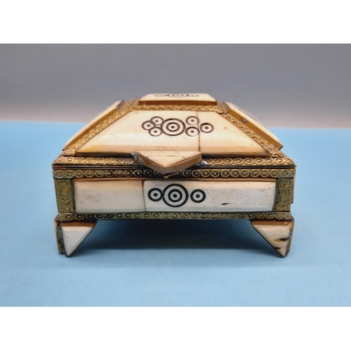 313 - Middle Eastern Brass and Bone Hinged Trinket Box. 8cm High, 13cm x 11cm.