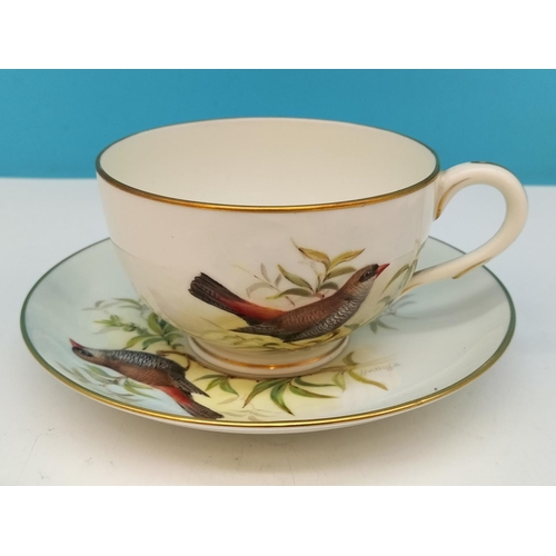 319 - Royal Worcester Hand Painted Cup and Saucer depicting a Fire Tailed Finch signed William Powell. Pat... 