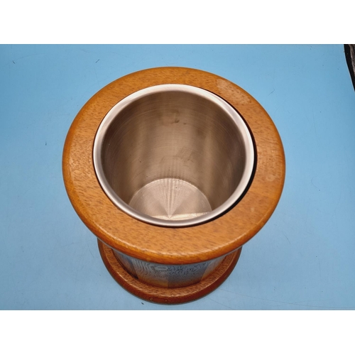 369 - Wooden Inlayed Wine Bottle Cooler/Bucket. 21.5cm High, 16.5cm Diameter.