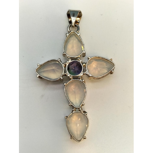 374 - Opalite and Mystic Topaz Cross Pendant. 4cm x 6cm.