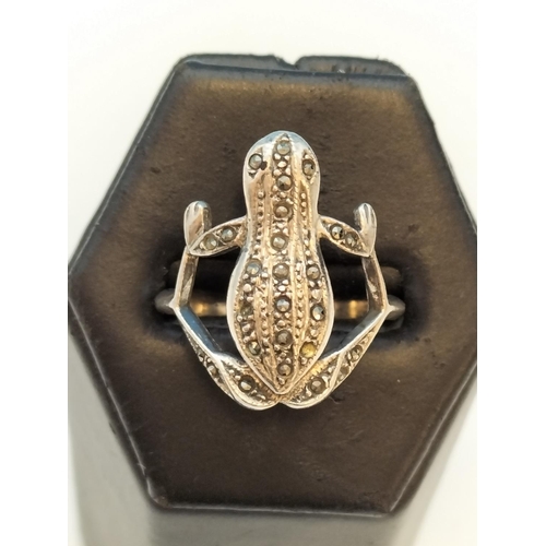 637 - 925 Silver and Marcasite Frog Ring. Size Q.