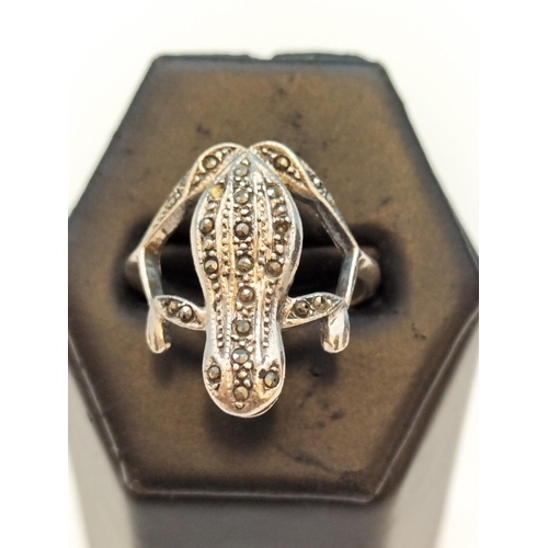 637 - 925 Silver and Marcasite Frog Ring. Size Q.