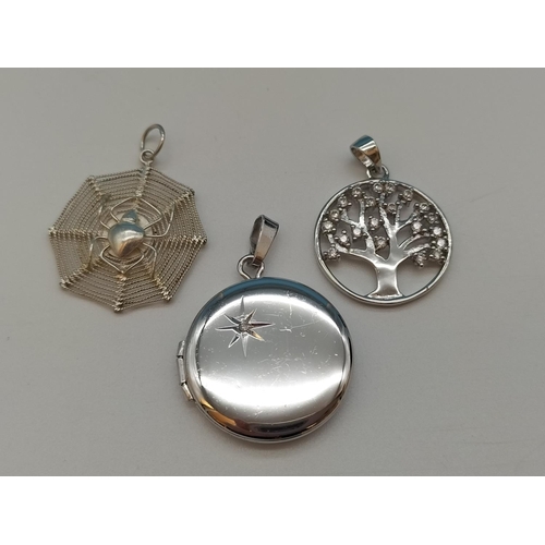 638 - 925 Sterling Silver Pendants (3) to include Tree of Life, Cobweb and Locket with Diamond Chip.