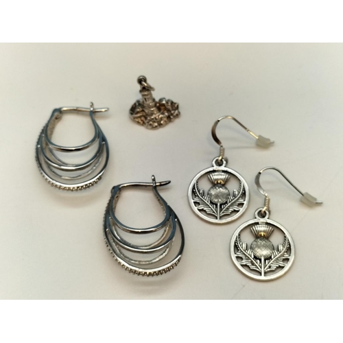 639 - 2 Pairs of Silver 925 Earrings plus Unmarked (Tested Silver) Charm.