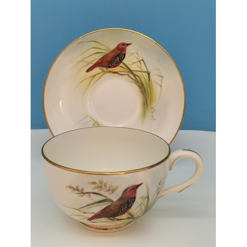 642 - Royal Worcester Hand Painted Cup and Saucer depicting a Painted Finch' Signed William Powell. Date C... 