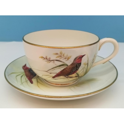 642 - Royal Worcester Hand Painted Cup and Saucer depicting a Painted Finch' Signed William Powell. Date C... 