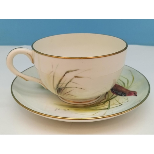 642 - Royal Worcester Hand Painted Cup and Saucer depicting a Painted Finch' Signed William Powell. Date C... 