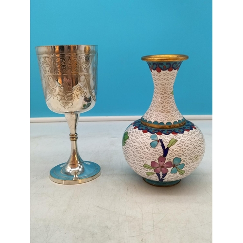 158 - Vintage Chinese Cloisionne Vase plus a Church Communion Wine Goblet. Tallest 17cm.