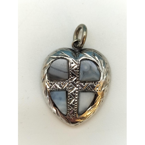 229 - Late Victorian Scottish Etched Silver and Montrose Agate Heart Shaped Pendant. c1890's.