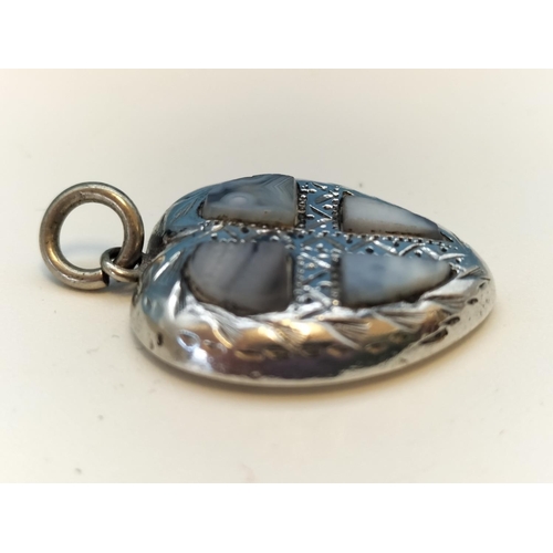 229 - Late Victorian Scottish Etched Silver and Montrose Agate Heart Shaped Pendant. c1890's.