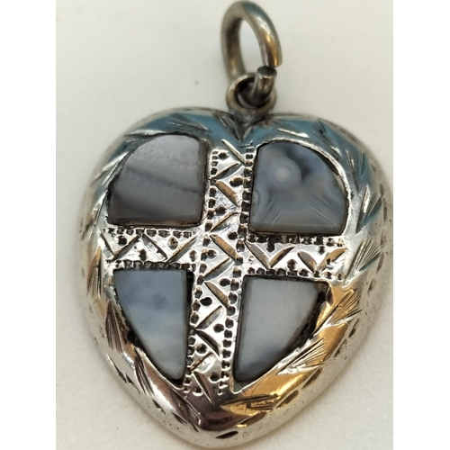 229 - Late Victorian Scottish Etched Silver and Montrose Agate Heart Shaped Pendant. c1890's.