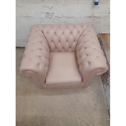 297 - Upcycled Shabby Chic Chesterfield Style Armchair on Castors. 70cm High, 90cm x 80cm. Collection Only... 