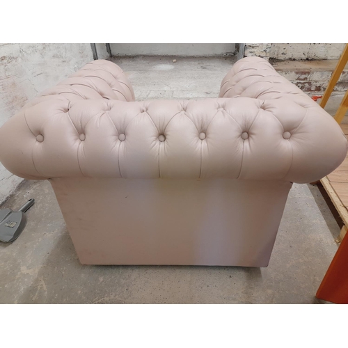 297 - Upcycled Shabby Chic Chesterfield Style Armchair on Castors. 70cm High, 90cm x 80cm. Collection Only... 