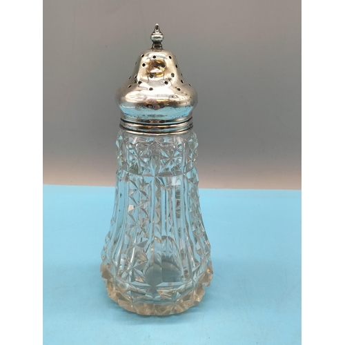 343 - Silver Topped 17cm Sugar Shaker and Bottle plus Silver Handled Cake Slice.