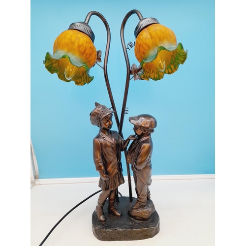 77 - Cold Cast 'Boy and Girl' Two Branch Lamp with Shades W/O. 57cm High.