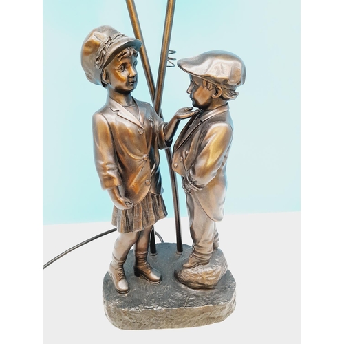 77 - Cold Cast 'Boy and Girl' Two Branch Lamp with Shades W/O. 57cm High.