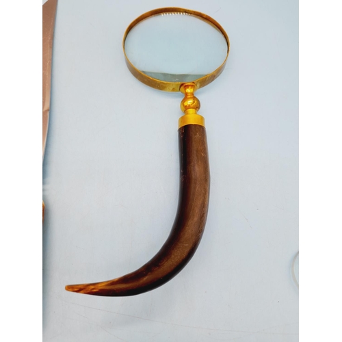 215 - Faux Horn Handled Magnifying Glass, Antler Carving Set plus Shudehill Magnifying Glass.