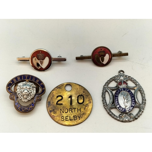 42 - Enamelled Badges to include British Legion and Royal Engineers plus Miner's Tag 210 North Selby.