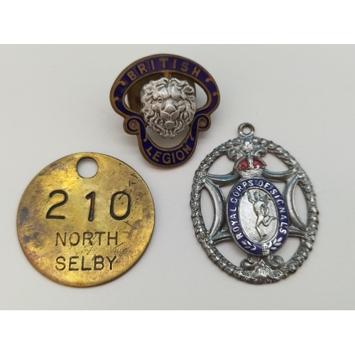 42 - Enamelled Badges to include British Legion and Royal Engineers plus Miner's Tag 210 North Selby.