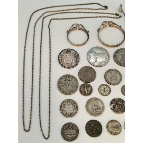 43 - Mixed Collection of Silver to include Coins, Coin Mounts (2), Sugar Tongs, etc. Total Weight 129 Gra... 