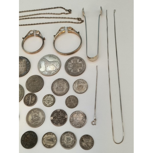 43 - Mixed Collection of Silver to include Coins, Coin Mounts (2), Sugar Tongs, etc. Total Weight 129 Gra... 