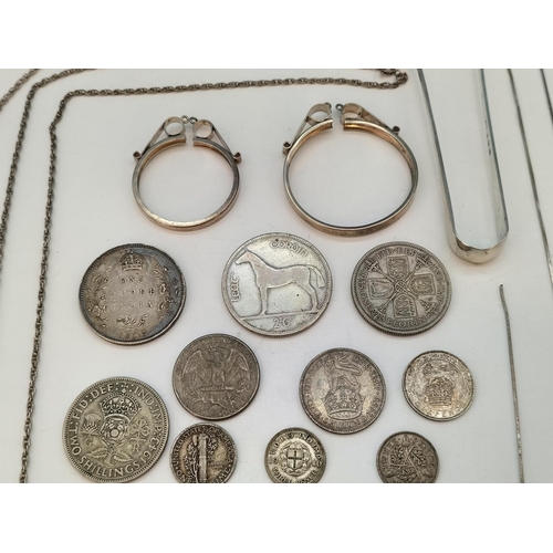 43 - Mixed Collection of Silver to include Coins, Coin Mounts (2), Sugar Tongs, etc. Total Weight 129 Gra... 