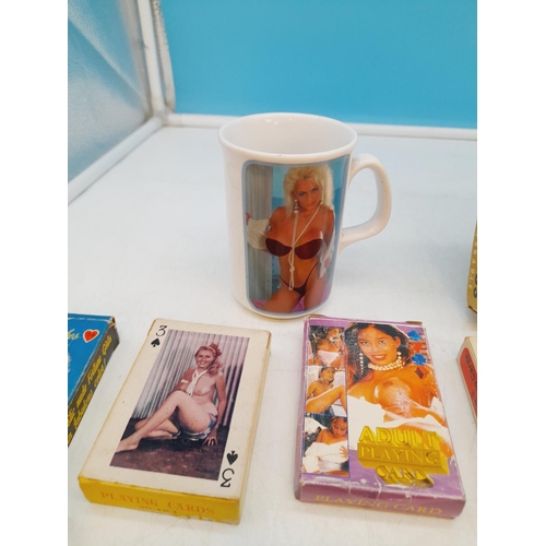 655 - Collection of Adult Themed Playing Cards, Mugs, Saucy Postcards, etc.