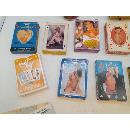 655 - Collection of Adult Themed Playing Cards, Mugs, Saucy Postcards, etc.