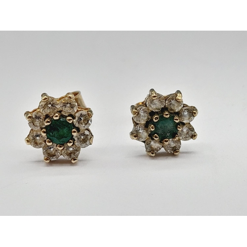 61 - Pair of 9ct Gold Clear and Green Stone Earrings.