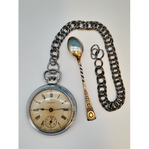 62 - Ingersoll Pocket Watch W/O plus Silver Hallmarked Teaspoon.