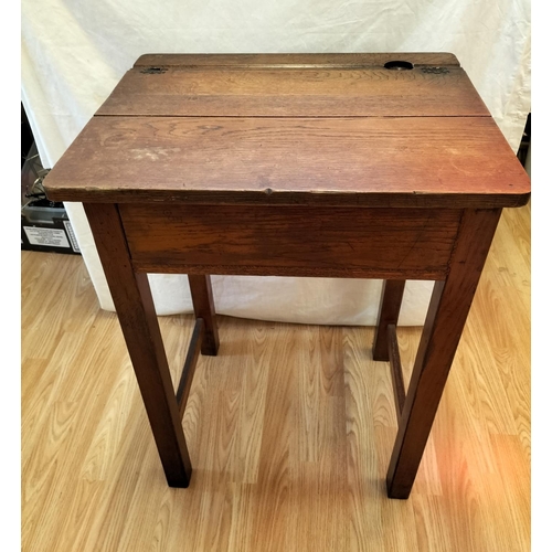 46 - Oak School Desk with Bakelite Inkwell. 76cm High, 56cm x 46cm. Collection Only.