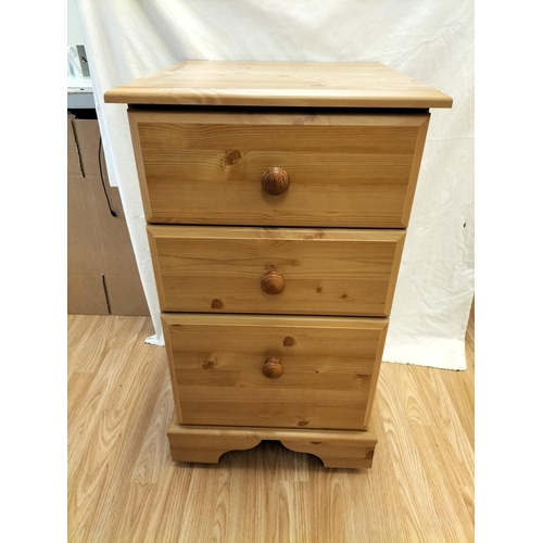 642 - Modern Pine 3 Drawer Unit on Wheels. 79cm High, 44cm x 43cm. Collection Only.