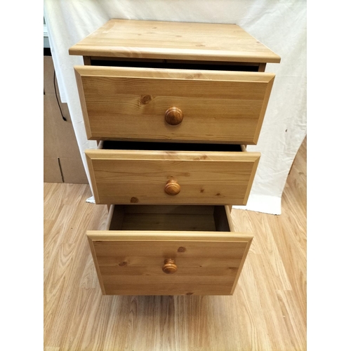 642 - Modern Pine 3 Drawer Unit on Wheels. 79cm High, 44cm x 43cm. Collection Only.