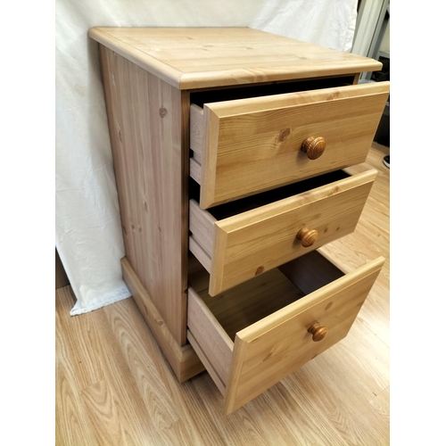 642 - Modern Pine 3 Drawer Unit on Wheels. 79cm High, 44cm x 43cm. Collection Only.