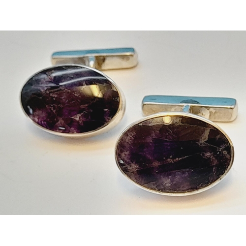 27 - Silver (Unmarked) Blue John Stone Cufflinks.