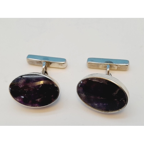 27 - Silver (Unmarked) Blue John Stone Cufflinks.