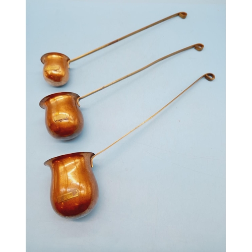 32 - Set of 3 Copper and Brass Spirit Ladles, Whisky, Rum and Brandy. Longest 38cm.