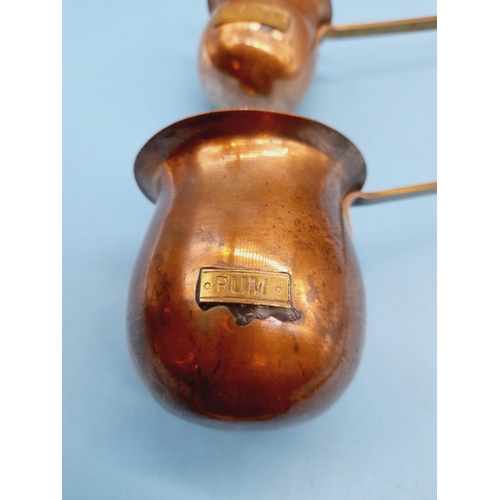 32 - Set of 3 Copper and Brass Spirit Ladles, Whisky, Rum and Brandy. Longest 38cm.