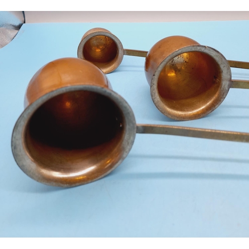 32 - Set of 3 Copper and Brass Spirit Ladles, Whisky, Rum and Brandy. Longest 38cm.