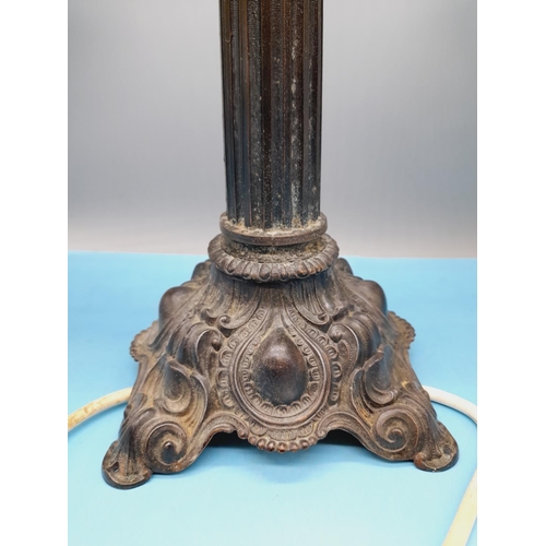 33 - Cast Metal Bronzed Effect Columned Double Lamp with White and Cream Shades. 46cm High x 50cm.