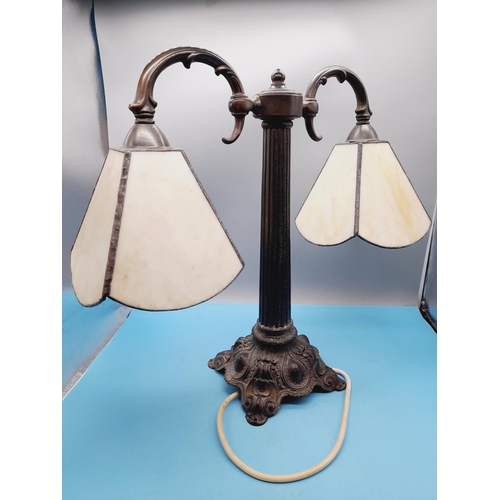 33 - Cast Metal Bronzed Effect Columned Double Lamp with White and Cream Shades. 46cm High x 50cm.