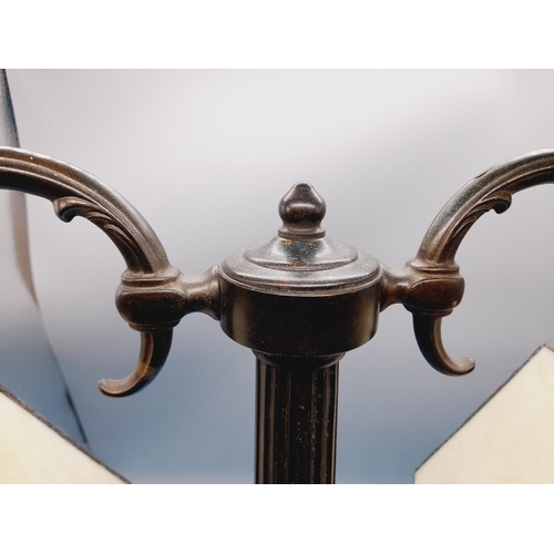 33 - Cast Metal Bronzed Effect Columned Double Lamp with White and Cream Shades. 46cm High x 50cm.