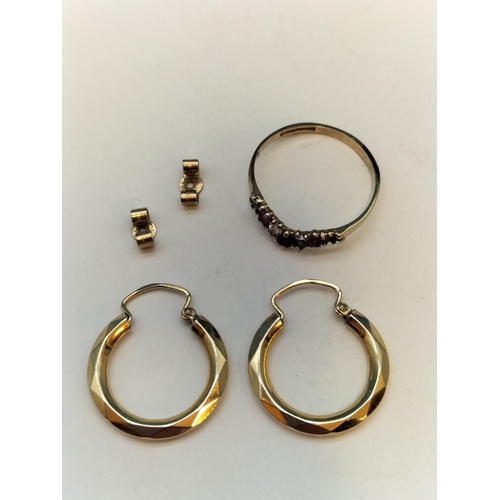 34 - 9ct Gold 375 Ring (2 Stones Missing) Size K, 9ct Gold Earring Butterflies. 0.8 Grams. Plus Pair of R... 